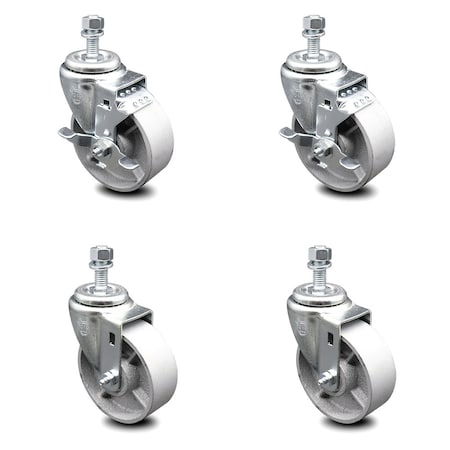 Service Caster Semi Steel Swivel TS Caster w/Roller Bearing-4" Wheels&1/2" Stems-2 w/BRK, 4PK SCC-TS20S415-SSR-121315-2-TLB-2